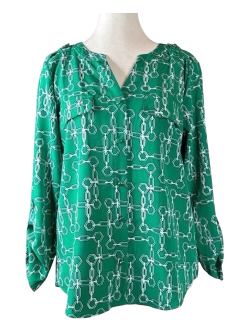 ADRIENNE VITTADINI V-Neck Button Front Blouse, Green, Black & White, Size M.